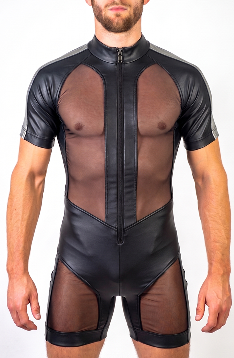 Joyglove Men’s PU Leather & Sheer Mesh Shorty Bodysuit — Stand Collar, Front Zip