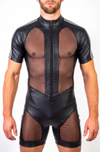 Joyglove Men’s PU Leather & Sheer Mesh Shorty Bodysuit — Stand Collar, Front Zip