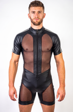 Joyglove Men’s PU Leather & Sheer Mesh Shorty Bodysuit — Stand Collar, Front Zip