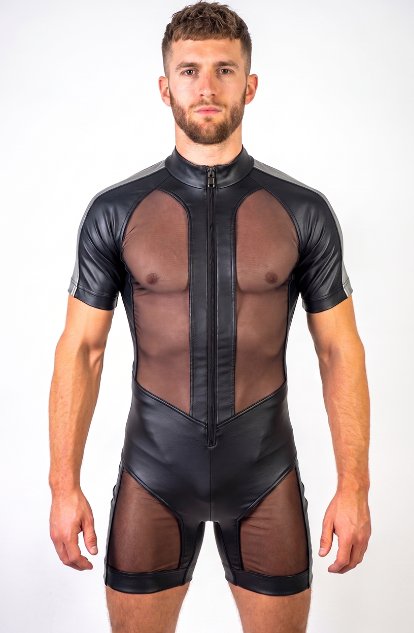 Joyglove Men’s PU Leather & Sheer Mesh Shorty Bodysuit — Stand Collar, Front Zip