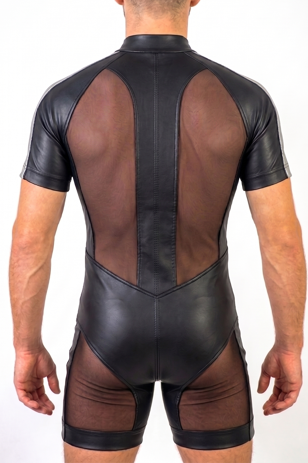 Joyglove Men’s PU Leather & Sheer Mesh Shorty Bodysuit — Stand Collar, Front Zip