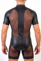 Joyglove Men’s PU Leather & Sheer Mesh Shorty Bodysuit — Stand Collar, Front Zip
