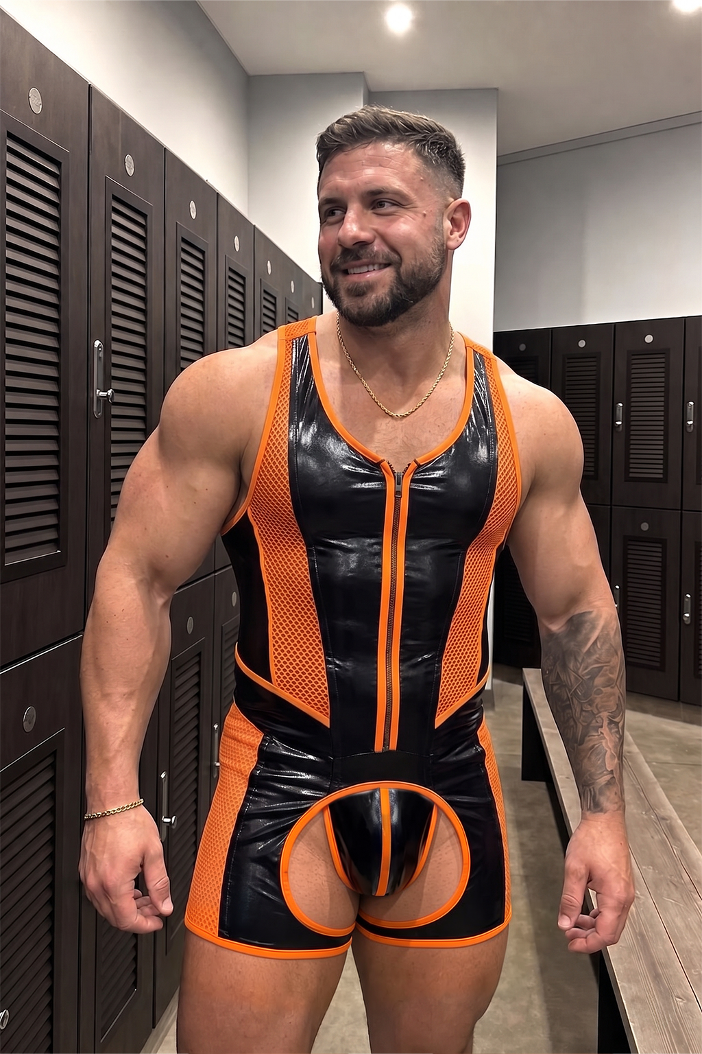 Joyglove Black PU Leather & Orange Mesh Singlet — Front Zip, Athletic Cut, Contrast Trim
