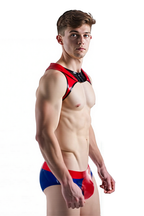 Joyglove Men's Shiny PU Leather Hooded Harness Set – Red & Black Vest with Blue-Red Briefs