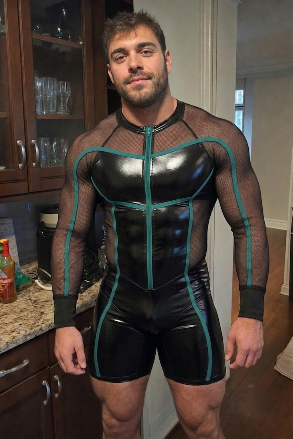 Joyglove PU Leather & Mesh Long Sleeve Bodysuit — Front Zip, Teal Piping, Black
