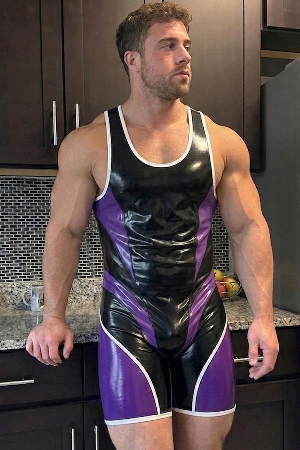 Joyglove Men’s Colorblock PU Wrestling Suit — Purple Side Panels, White Piping, Back Zipper