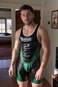Joyglove Men’s Colorblock PU Wrestling Suit — Green Side Inserts, Contrast Binding, Sleek Cut