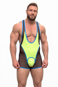 Joyglove Neon Yellow Mesh Singlet — Sheer Black Body, Blue Trim, Deep Scoop Neck