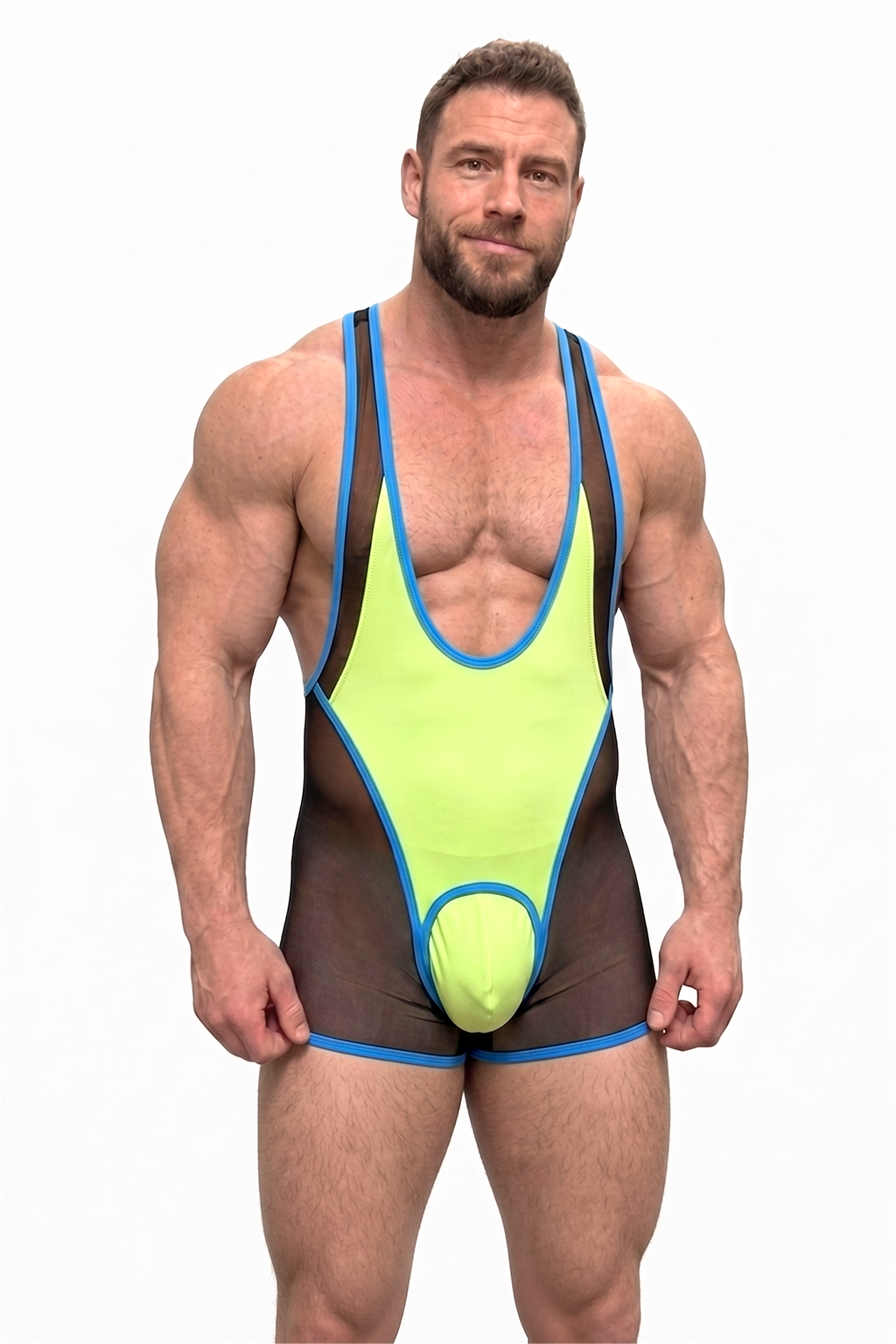 Joyglove Neon Yellow Mesh Singlet — Sheer Black Body, Blue Trim, Deep Scoop Neck