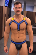 Joyglove Blue/Black PU Leather Harness Set — Yellow Shoulder Tabs, D-Ring Chest, Matching Brief