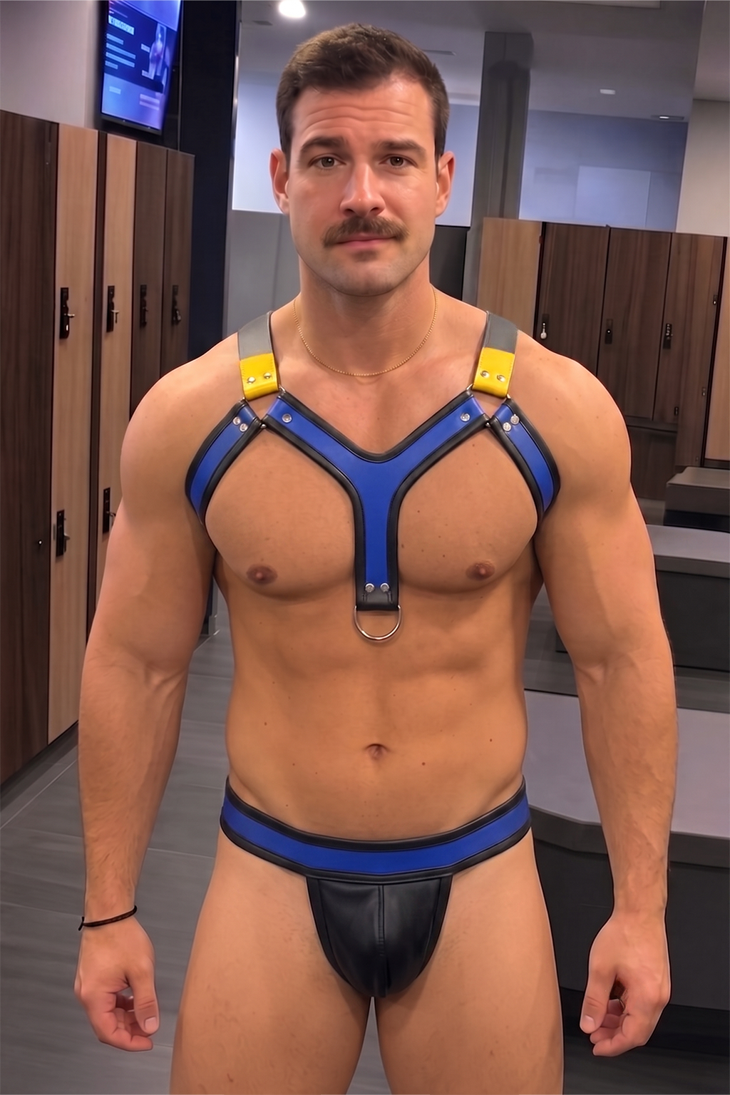 Joyglove Blue/Black PU Leather Harness Set — Yellow Shoulder Tabs, D-Ring Chest, Matching Brief