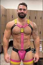 Joyglove Pink & Yellow PU Harness Brief Set — Long Center Strap, X-Back Ring, Thigh Bands