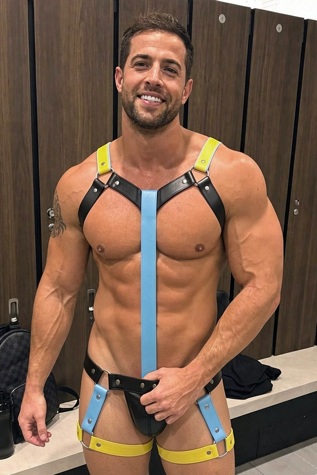 Joyglove PU Leather Colorblock Harness Set – Sky Blue Center Strap + Neon Yellow Accents