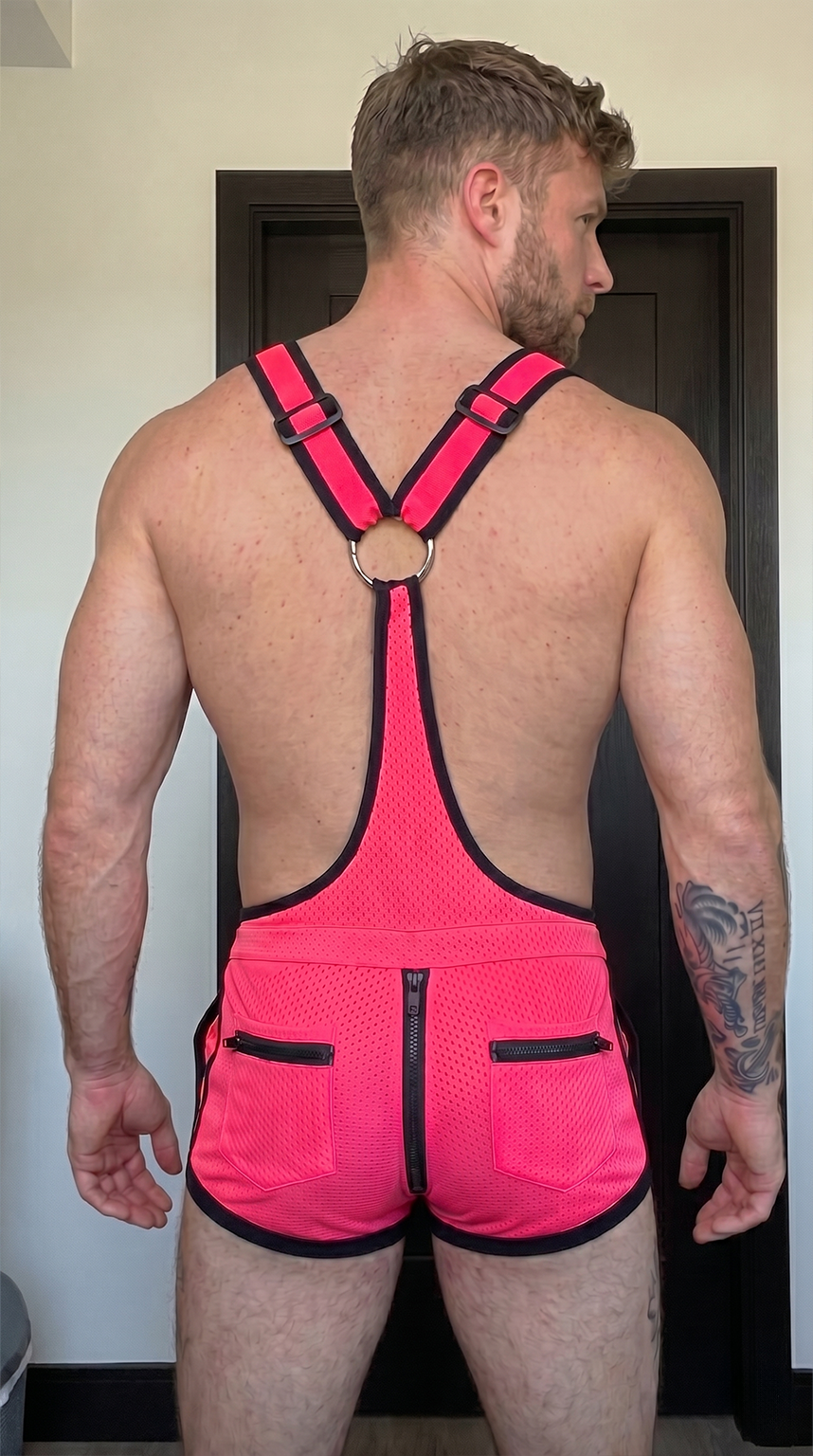Joyglove Men's Black Mesh Open Side Harness Romper with Adjustable Straps and Zip Pockets