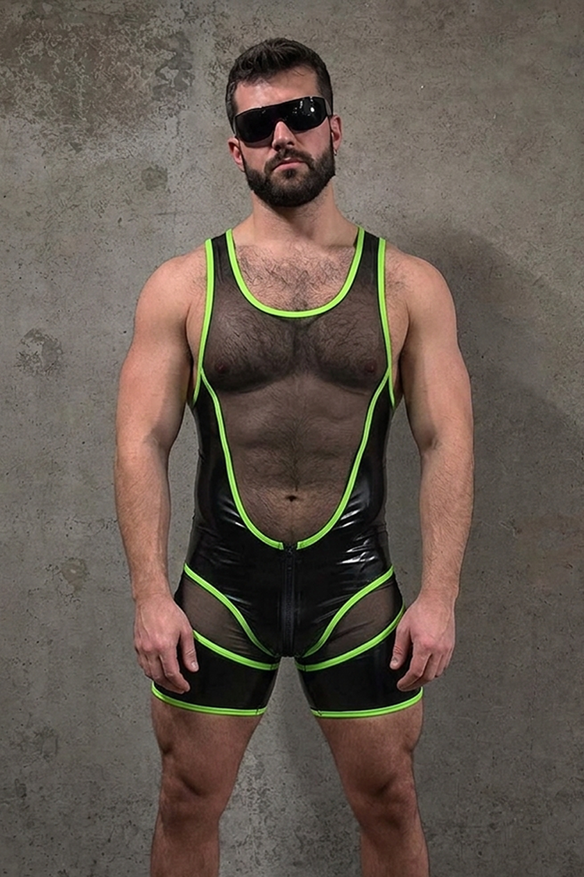 Joyglove Sheer Panel Singlet — Front Zip + Contrast Trim, Short-Leg Fit