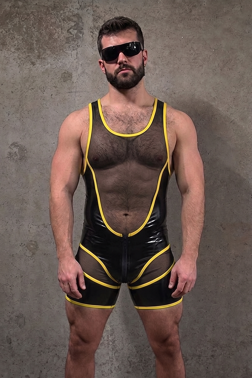 Joyglove Sheer Panel Singlet — Front Zip + Contrast Trim, Short-Leg Fit
