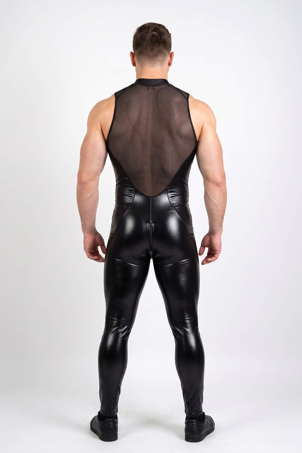 Joyglove Men's Black Mesh Panel Zip-Up Bodysuit Sleeveless Slim Fit One-Piece Jumpsuit