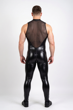 Joyglove Men's Black Mesh Panel Zip-Up Bodysuit Sleeveless Slim Fit One-Piece Jumpsuit