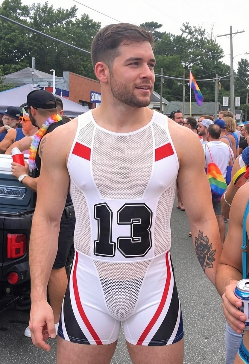 Men's Sexy Wrestling Singlet - Athletic Mesh Bodysuit Sports Supporter with Number 13 Print