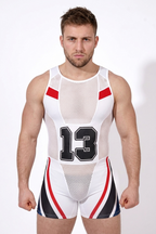 Men's Sexy Wrestling Singlet - Athletic Mesh Bodysuit Sports Supporter with Number 13 Print