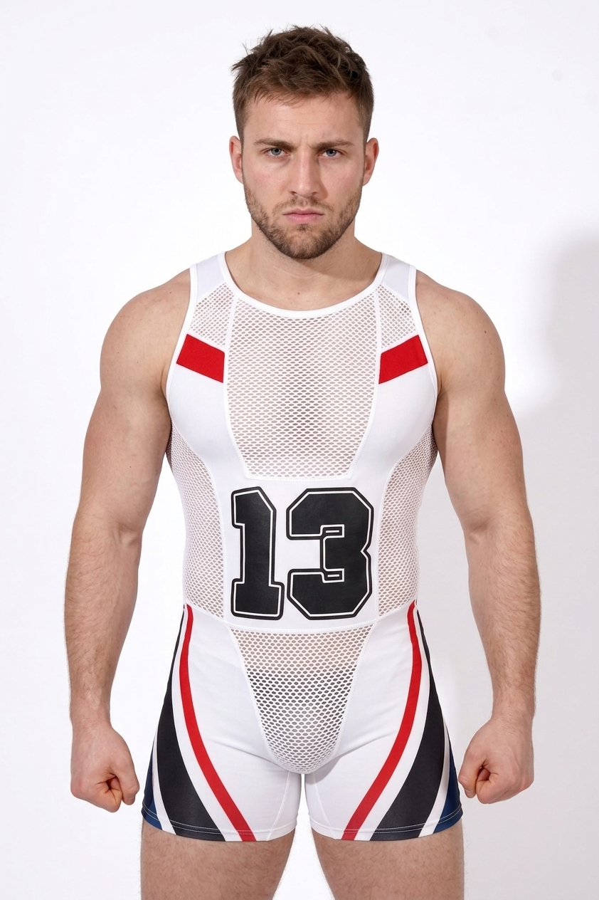 Men's Sexy Wrestling Singlet - Athletic Mesh Bodysuit Sports Supporter with Number 13 Print