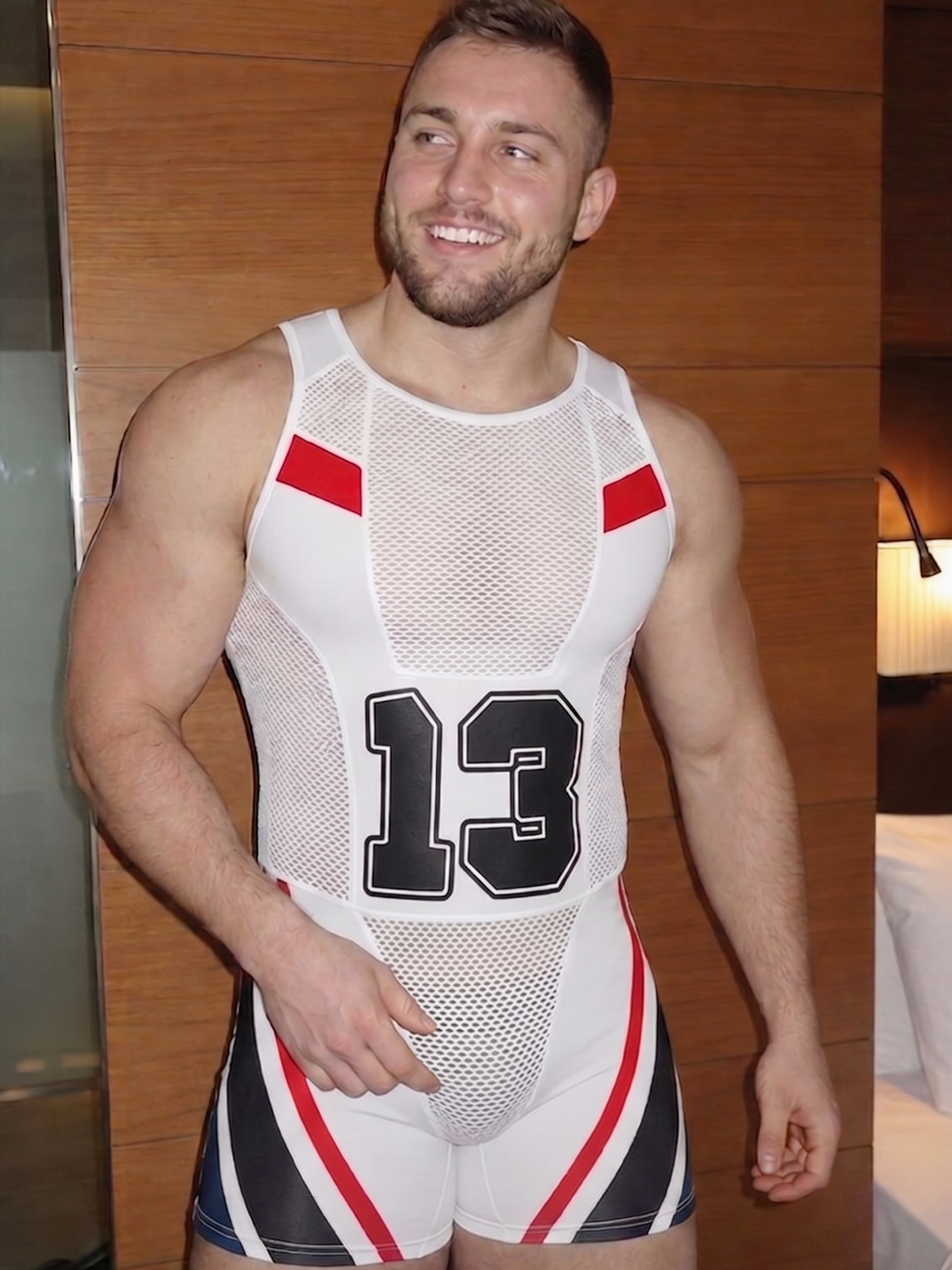 Men's Sexy Wrestling Singlet - Athletic Mesh Bodysuit Sports Supporter with Number 13 Print