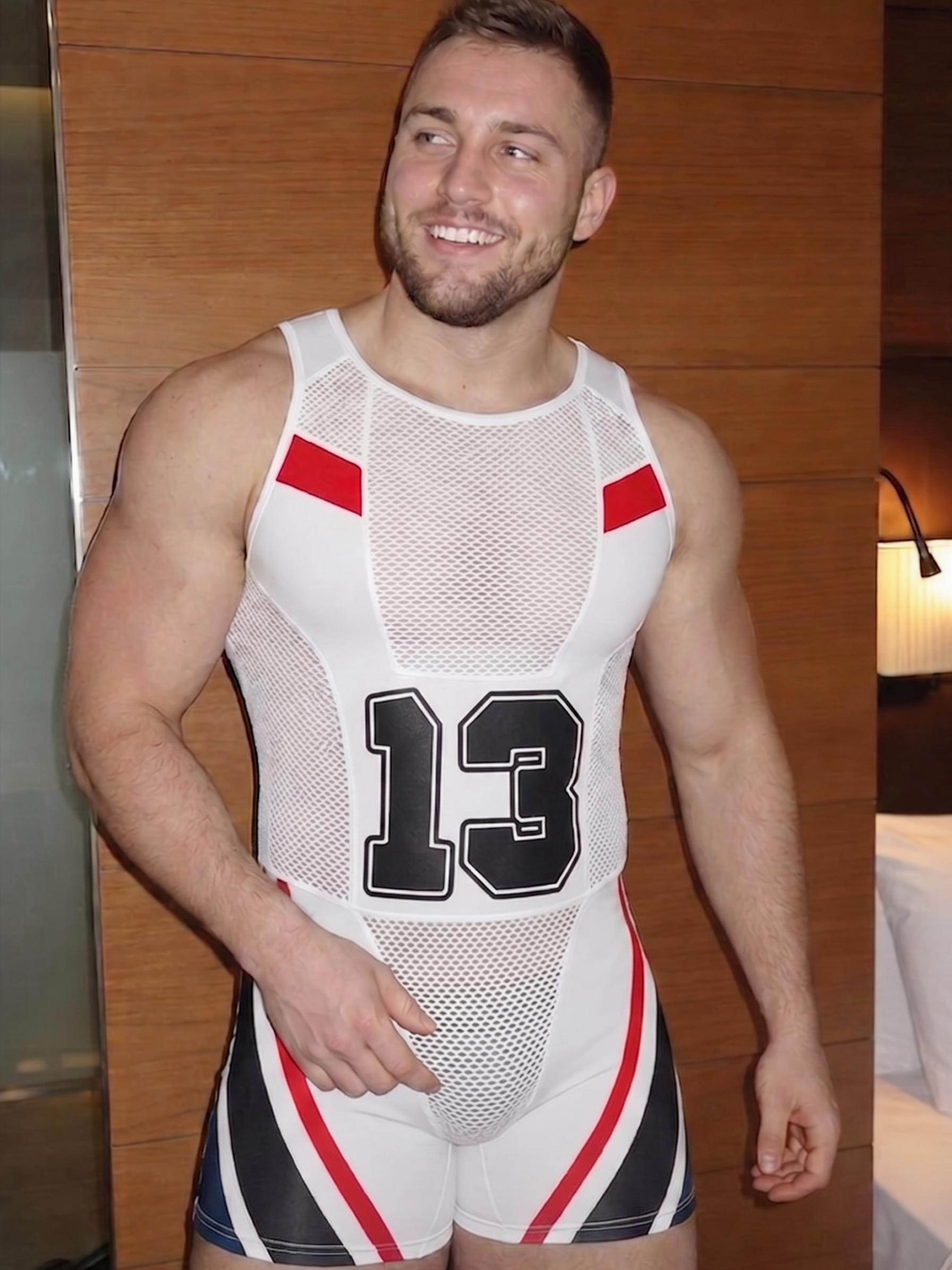 Men's Sexy Wrestling Singlet - Athletic Mesh Bodysuit Sports Supporter with Number 13 Print