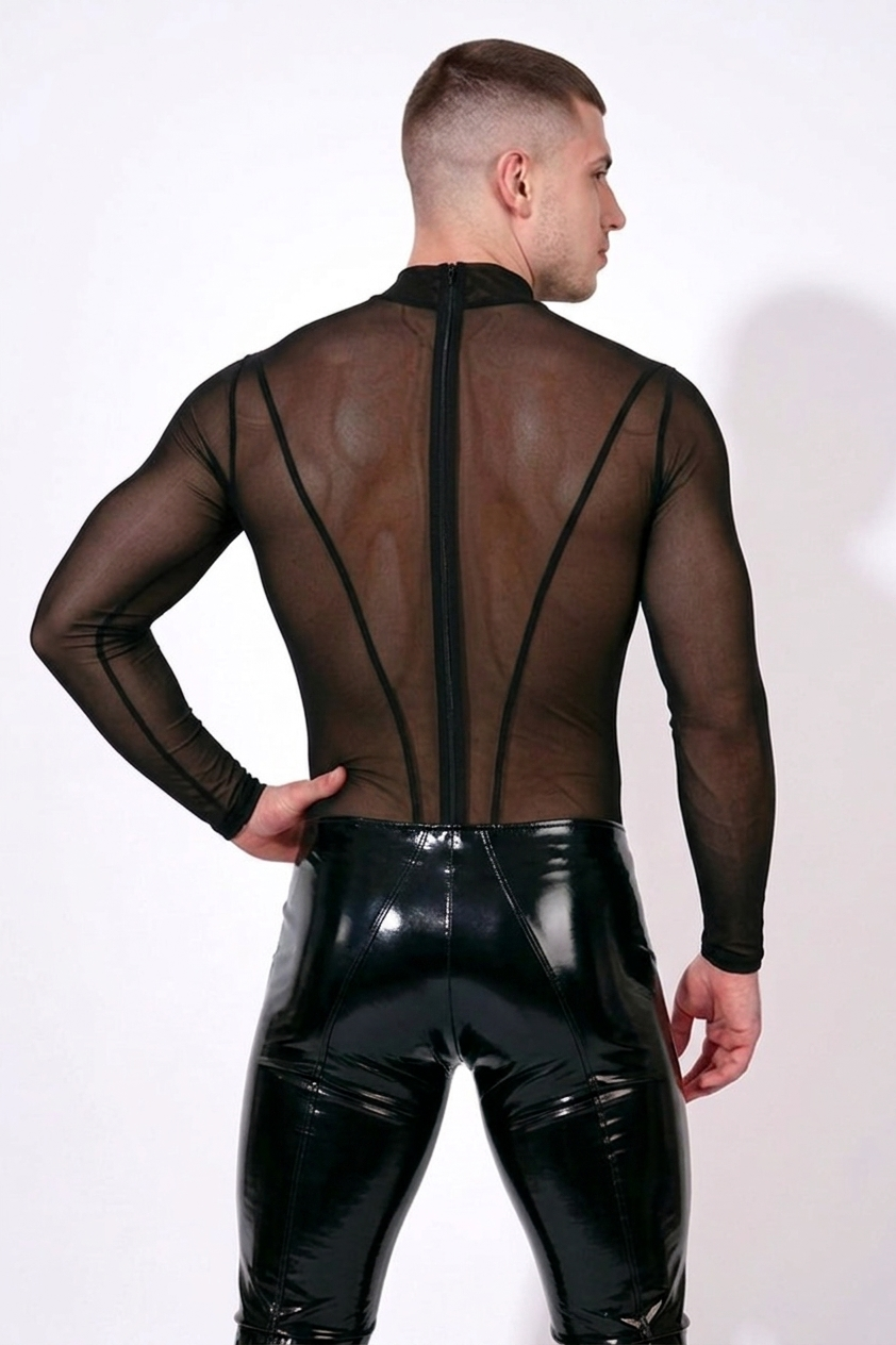 Men’s Red One-Piece Bodysuit – Sheer Mesh Top + Shiny PU Leather Bottom, Back Zip