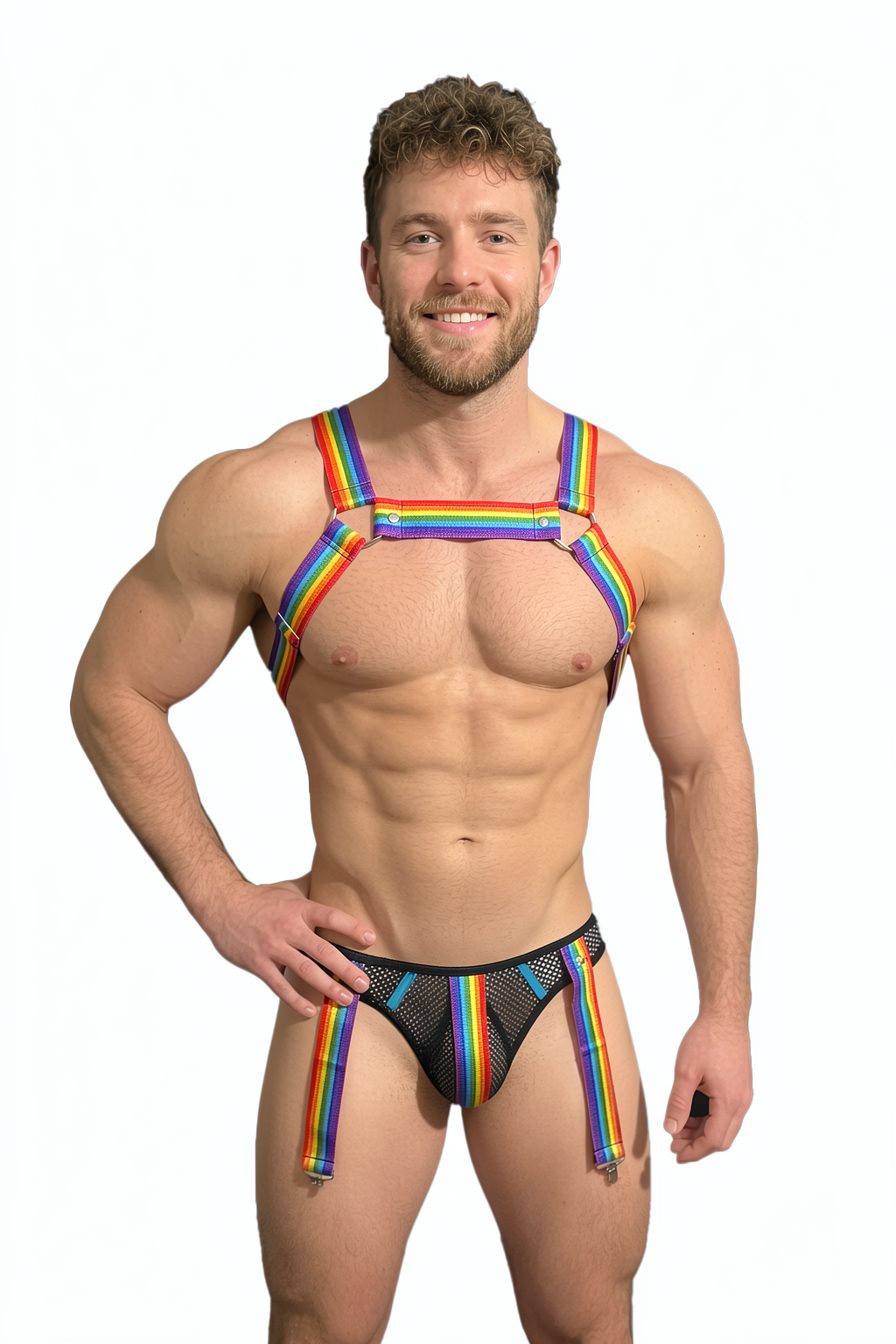 Neon Kinetic Men's Rainbow Strap Body Harness & Suspender Brief Set