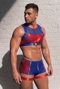 Apex Electro Red & Blue Mesh Harness Bodyset – Men's Dual-Zipper Shorts with Garters