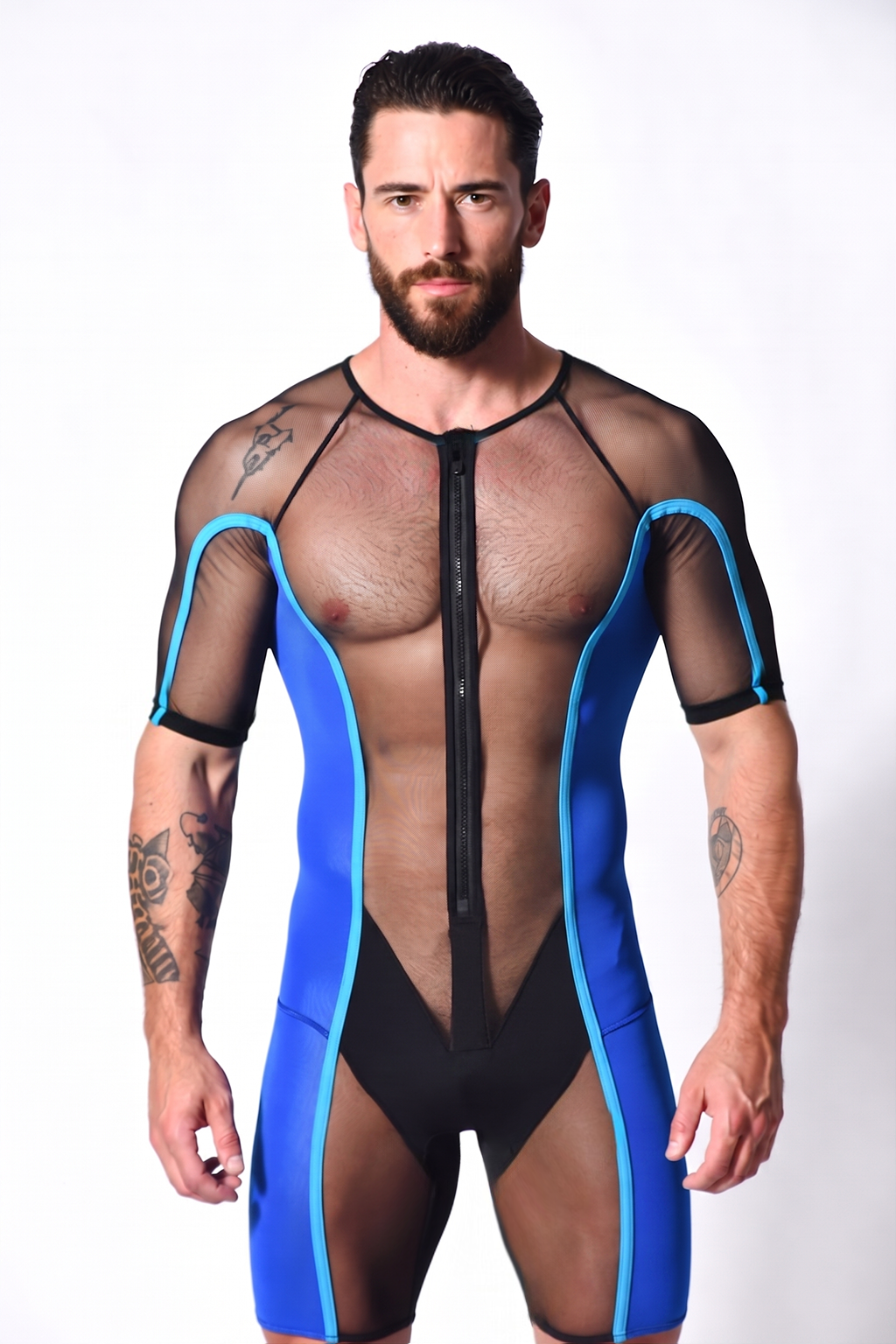 Cyber-Grid Men's Sheer Mesh Wrestling Singlet – Royal Blue Full-Zip Bodysuit