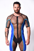Cyber-Grid Men's Sheer Mesh Wrestling Singlet – Royal Blue Full-Zip Bodysuit
