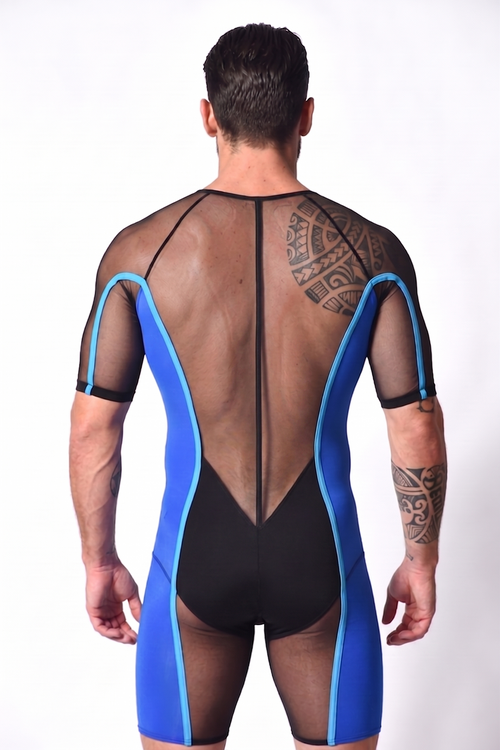 Cyber-Grid Men's Sheer Mesh Wrestling Singlet – Royal Blue Full-Zip Bodysuit