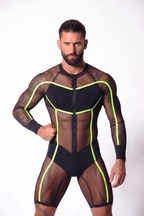 Vanguard Matrix Men's Full-Zip Mesh Bodysuit – Neon Trimmed Long-Sleeve Singlet