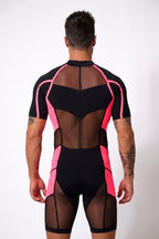 Stealth Cyberpunk Men's Graphic Mesh Bodysuit – Neon Pink Trimmed Active Singlet