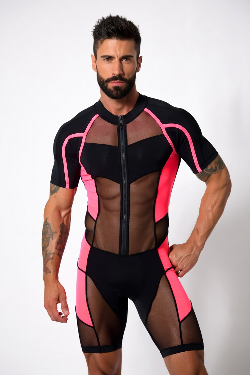 Stealth Cyberpunk Men's Graphic Mesh Bodysuit – Neon Pink Trimmed Active Singlet