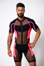 Stealth Cyberpunk Men's Graphic Mesh Bodysuit – Neon Pink Trimmed Active Singlet