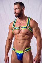 Men's High-Shine PU Leather Body Harness Set - Neon Green Blue Cyberpunk Rave Chest Straps and Matching Thong 2-Piece