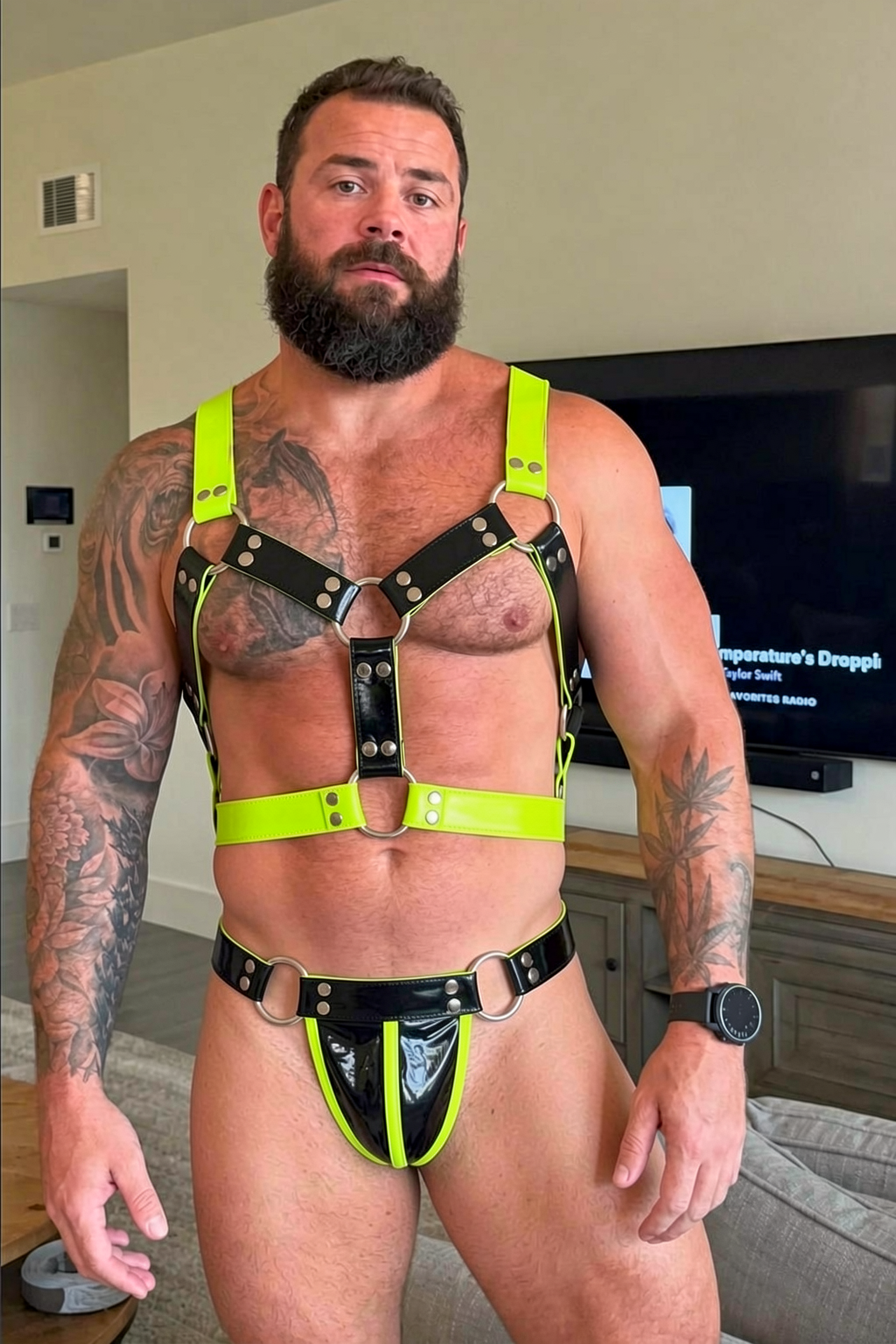 Toxic Glow Two-Tone Men's Bondage Harness & Minimalist Jock-Thong Set
