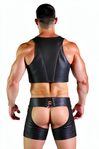 Outlaw Black PU Leather Vest Harness & Lace-Up Chaps Short Set