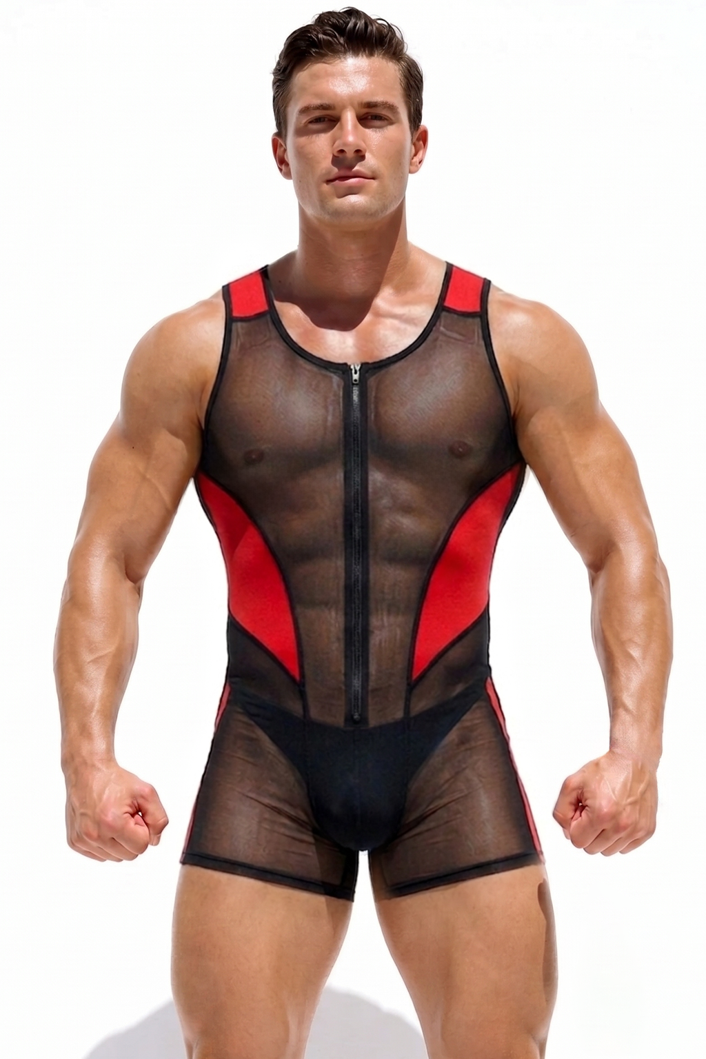 Apex Nitro Men's Sheer Mesh Wrestling Singlet – Red Contrast Neon Rave Bodysuit