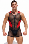 Apex Nitro Men's Sheer Mesh Wrestling Singlet – Red Contrast Neon Rave Bodysuit
