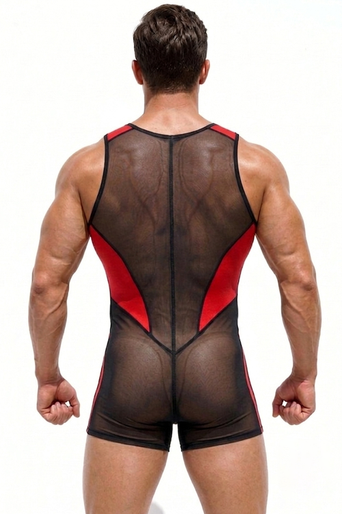 Apex Nitro Men's Sheer Mesh Wrestling Singlet – Red Contrast Neon Rave Bodysuit