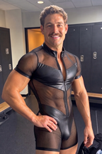 Stealth Onyx Men's Sheer Mesh Short-Sleeve Bodysuit – Contoured Leather-Trimmed Singlet