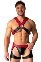 Inferno Onyx Two-Tone Men's Bondage Harness & Geometric Leg-Strap Jock Set