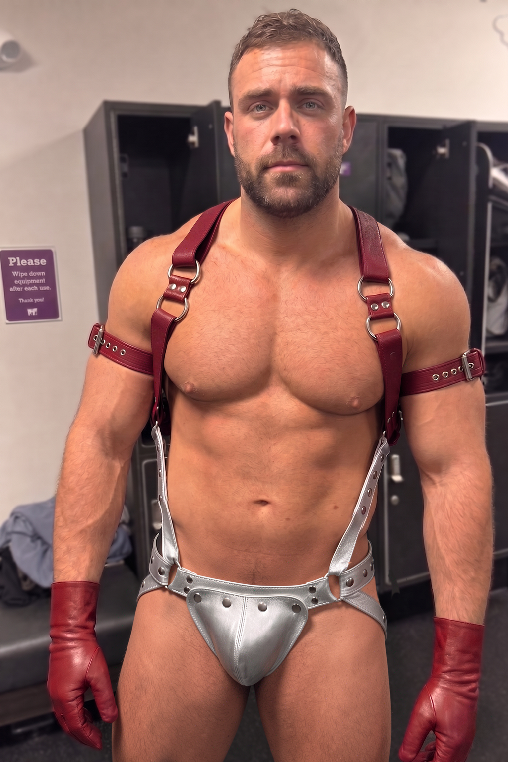 Vanguard Wine Red Men's Dual-Ring Chest Harness & Riveted Metallic Jock Set
