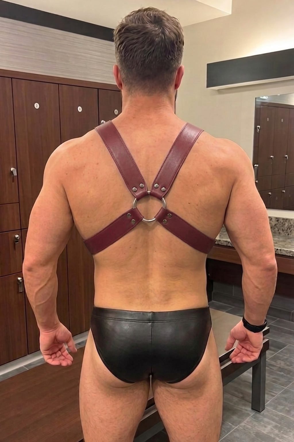 Joyglove Men's PU Leather Body Harness Set - Burgundy Red & Black Gothic Chest Straps with Matching Thong 2-Piece Festival Rave Wear