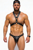 Men's PU Leather Body Harness Set - Double Metal O-Ring Punk Gothic Chest Straps with Matching Thong 2-Piece Festival Rave Wear