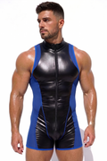 Men's PU Leather Bodysuit Singlet - Front Zip Black Blue Mesh Patchwork Sleeveless Wrestling Leotard Festival Clubwear One-Piece