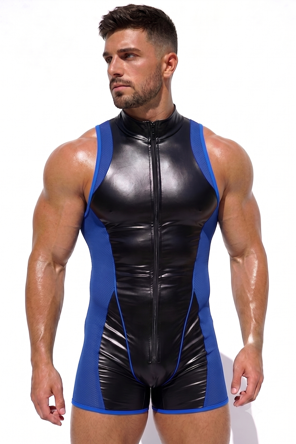 Men's PU Leather Bodysuit Singlet - Front Zip Black Blue Mesh Patchwork Sleeveless Wrestling Leotard Festival Clubwear One-Piece